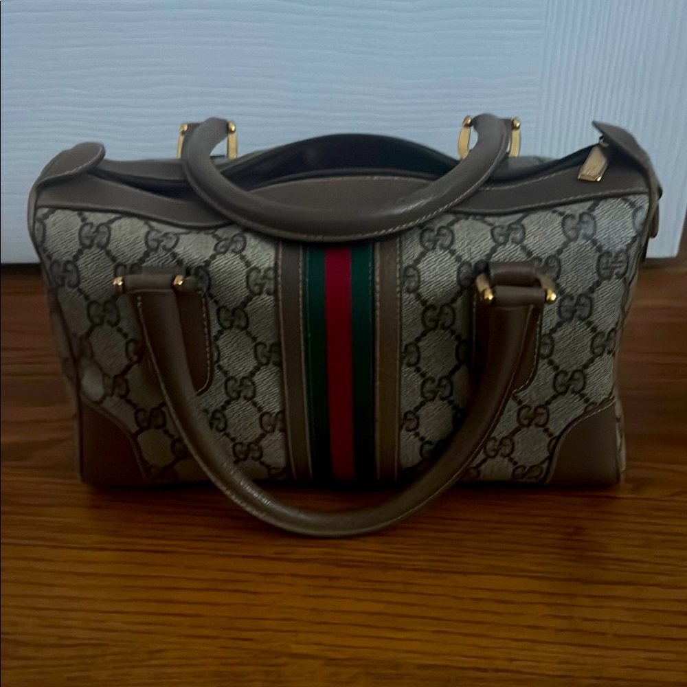 Gucci Beige and Green Satchel Bag